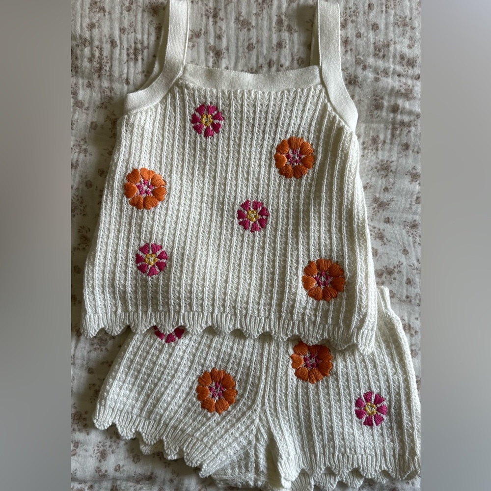 C&C California Cream Knit shirts and tank set with Orange & Pink Floral Accents